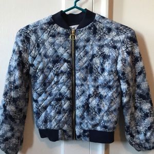 blue designed bomber jacket